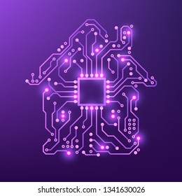 Smart house concept. Violet Circuit Home. Vector illustration isolated on purple background