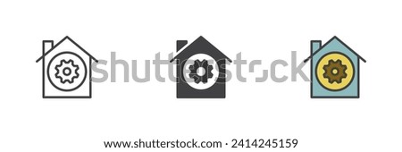 Smart house control different style icon set. Line, glyph and filled outline colorful version, house with gear outline and filled vector sign. Symbol, logo illustration. Vector graphics