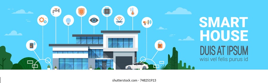 Smart House Control System Interface Infographics Modern Home Technology Icons Horizontal Banner Vector Illustration