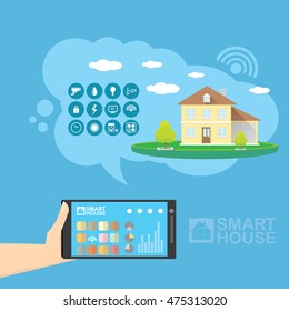 Smart house control vector concept illustration. Flat design style vector illustration concept of smart home control with mobile phone application.