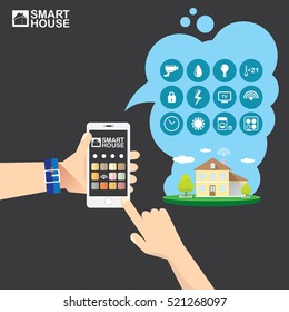 Smart house control vector concept illustration. Flat design style vector illustration concept of smart home control with mobile phone application.