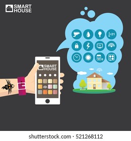 Smart house control vector concept illustration. Flat design style vector illustration concept of smart home control with mobile phone application.