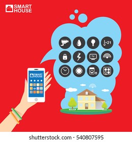 Smart house control vector concept illustration. Flat design style vector illustration concept of smart home control with mobile phone application.