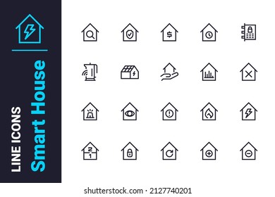 Smart house controlled remotely icons set vector illustration. Home equipped with devices line icon. Innovation and modern technology concept