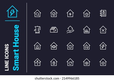 Smart house controlled remotely icons set vector illustration. Home equipped with devices line icon. Innovation and modern technology concept