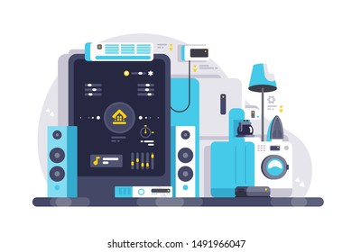 Smart house controlled with smartphone app vector illustration. Screen mobile phone and wireless connections with icons of electronics devices. Technology of home automation system concept