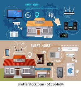 Smart house design concept. Remote control of house. Smart home infographic banner. Modern technologies for household appliances 