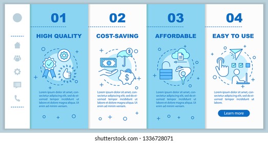Smart house, domotics advantages onboarding mobile web pages vector template. Responsive smartphone website interface idea with linear illustrations. Webpage walkthrough step screens. Color concept 
