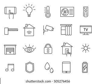 Smart house editable line icons set. Includes such icons as conditioner, TV control, gates and curtain opening, camera, light and more. Vector illustration