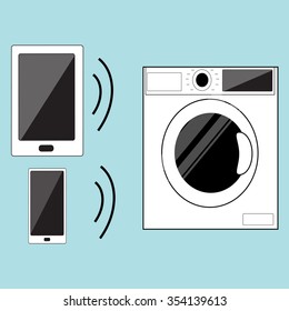 Smart house flat design. Smart home WIFI control of washing machine by phone, Tablet PC Line Vector Illustration. Smart house, centralized wireless technology control system for monitoring thing.
