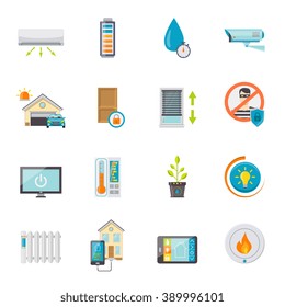 Smart house flat icons set with electronic technologies for comfort and safety isolated vector illustration