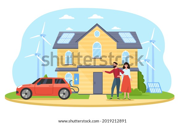 Smart house, green house, clean electric
energy from renewable sources sun and wind charging electric car,
eco lifestyle. Flat cartoon vector illustration concept design
isolated on white
background