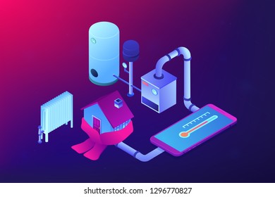 Smart house heating and climat monitoring system controlled with smartphone. Heating system, home heating technologies, home energy economy concept. Ultraviolet neon vector isometric 3D illustration.