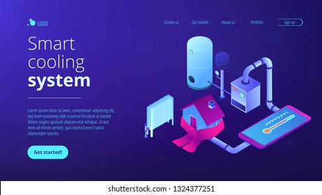 Smart house heating and climat monitoring system controlled with smartphone. Heating system, home heating technologies, home energy economy concept. Isometric 3D website app landing web page template