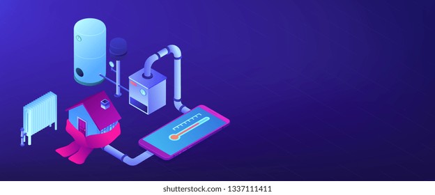 Smart house heating and climat monitoring system controlled with smartphone. Heating system, home heating technologies, home energy economy concept. Isometric 3D banner header template copy space.