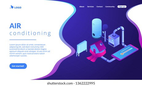 Smart house heating and climat monitoring system controlled with smartphone. Heating system, home heating technologies, home energy economy concept. Isometric 3D website app landing web page template