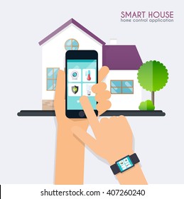 Smart house. Home control application concept. Hand holding smart phone with home control application and  hand in watch with program smart home on the screen.