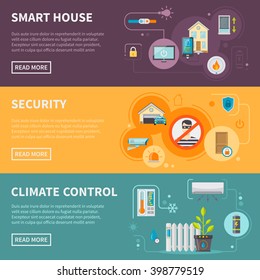 Smart house horizontal banners set with security system and climate control isolated vector illustration