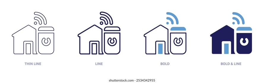 Icono de casa inteligente en 4 estilos diferentes. Línea delgada, línea, negrita y línea negrita. Estilo duotono. Trazo editable.