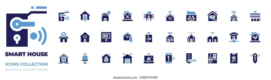 Smart house icon collection. Bold style. Duotone colors. smart home, light, lock, smart garage, home, temperature, smartphone, security.