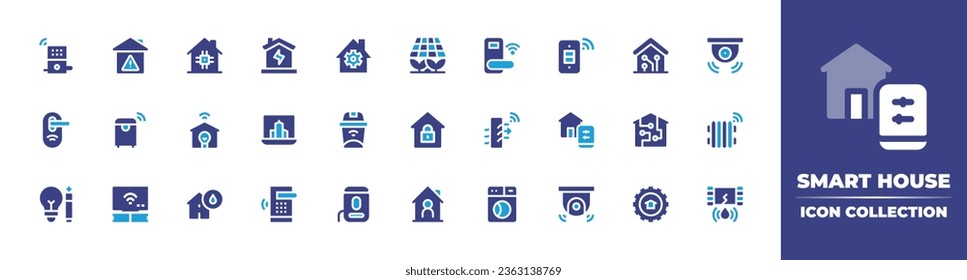 Icon-Sammlung für intelligente Häuser. Duotonfarbe. Vektorgrafik. Mit intelligentem Zuhause, Fernseher, Switch, Smart House, Heizung, Solarzelle, Einstellungen, Leck, Zuhause, Smart Lock, cctv Kamera, Haus.