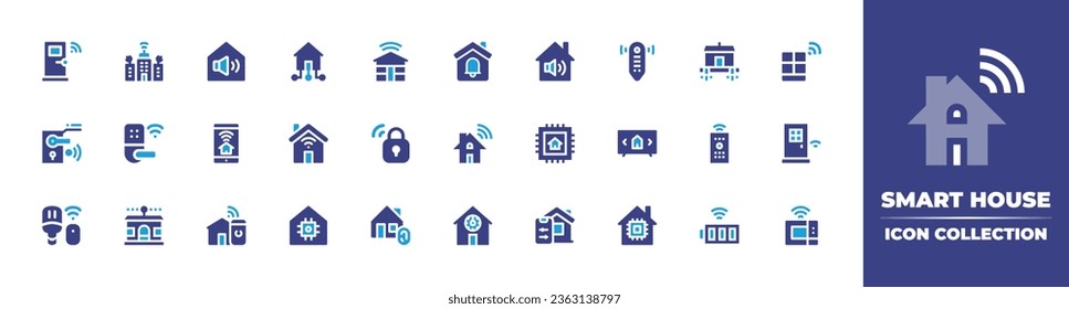 Smart house icon collection. Duotone color. Vector illustration. Containing sound system, smart home, smart house, door, city, lock, light, home automation, home, house.