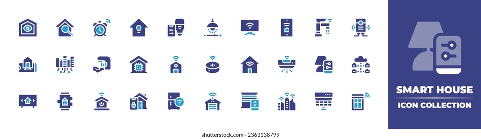Smart house icon collection. Duotone color. Vector illustration. Containing voice assistant, tv, city, warehouse, smart house, blinds, alarm, water tap, smart home, watch, bulb.