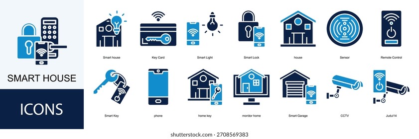Conjunto de colección de iconos de casa inteligente. Contiene casa inteligente, tarjeta de llave, luz inteligente, cerradura inteligente, icono de la casa.