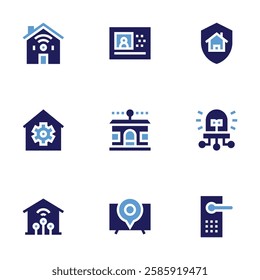 Smart house icon set. Bold style. Duotone colors. smart, shield, smart house, door, settings, video, home, home automation, smart tv.