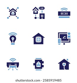 Smart house icon set. Bold style. Duotone colors. smart home, smart house, smart watch, home network, light bulb, alarm clock, television, air conditioner.