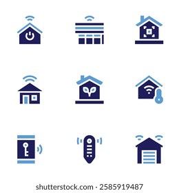 Smart house icon set. Bold style. Duotone colors. smart home, house, smart garage, key, curtain, eco home, remote control.