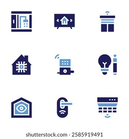 Smart house icon set. Bold style. Duotone colors. shower, home, smart tv, blind, speaker, lock, smart light, smoke detector.