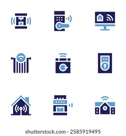 Smart house icon set. Bold style. Duotone colors. lock, smarthome, door lock, coffee maker, washing machine, stove, curtain, wifi, domotics.