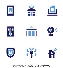 Smart house icon set. Bold style. Duotone colors. home, curtains, webcam, domotics, smart switch, key, thermostat, security.