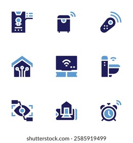 Smart house icon set. Bold style. Duotone colors. control, toilet, smart home, eye scan, alarm, smart trash, smart tv, lights.