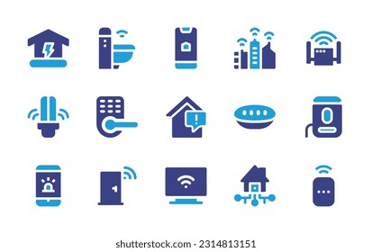 Smart house icon set. Duotone color. Vector illustration. Containing house, toilet, smartphone, city, router, light, lock, home, smart speaker, alert, smart door, smart tv.