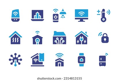Smart house icon set. Duotone color. Vector illustration. Containing smart speaker, smart city, light, computer, temperature,  home, house, electricity, smart lock, home.