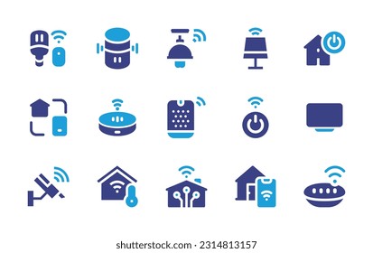 Smart house icon set. Duotone color. Vector illustration. Containing light, voice assistant, smart home, home automation, speaker, turn off, tv, security camera, smart house, speaker.