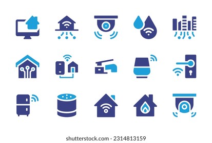Icon-Set für Smart House. Duotonfarbe. Vektorgrafik. Mit Desktop-Computer, Smarthome, cctv, Feuchtigkeit, Stadt, Heimautomatisierung, Wasserhahn, Lautsprecher, Smart Lock, Kühlschrank, Stimme.