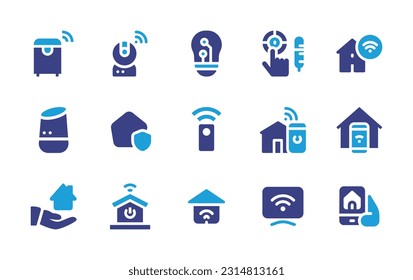 Smart house icon set. Duotone color. Vector illustration. Containing trash, webcam, light, temperature control, smart home, voice assistant, home, remote, house, share, tv. 