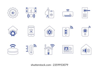 Icon-Set für Smart House. Duotone Stil Linie Strich und fett. Vektorgrafik. Mit Einstellungen, Leck, Klimaanlage, intelligente Tür, Beleuchtung, Zuhause, Alarm, intelligenter Lautsprecher, Temperatur, Schalter.