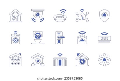Smart house icon set. Duotone style line stroke and bold. Vector illustration. Containing smart house, smart home, smart curtain, cctv, shield, speaker, washing machine, toilet, smarthome, alarm clock