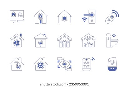 Smart house icon set. Duotone style line stroke and bold. Vector illustration. Containing smart lock, control, home, smart home, toilet, plug, pie chart, domotics, security, smart speaker, eye scan.