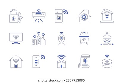 Conjunto de iconos de la casa inteligente. Curso de línea de estilo duotónico y negrita. Ilustración vectorial. Con tv inteligente, ciudad inteligente, nevera, cctv, domótica, seguridad doméstica, basura, cerradura inteligente, luz, aire acondicionado.