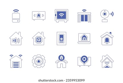 Conjunto de iconos de la casa inteligente. Curso de línea de estilo duotónico y negrita. Ilustración vectorial. Consta de cortinas, webcam, menú, campana, asistente de voz, tv inteligente, altavoz, chip, caja de seguridad, interruptor inteligente.