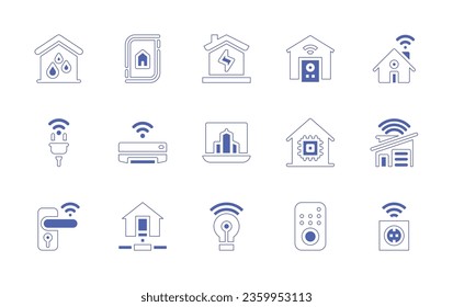 Icon-Set für Smart House. Duotone Stil Linie Strich und fett. Vektorgrafik. Mit intelligentem Haus, Smart Home, Smart City, Wassersystem, Bildschirm, Stecker, Klimaanlage, Türschloss, Netzwerk, Fernbedienung.