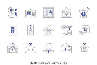 Smart house icon set. Duotone style line stroke and bold. Vector illustration. Containing smart home, alarm, shower, temperature control, power socket, water tap, smart house, lock, smartphone.
