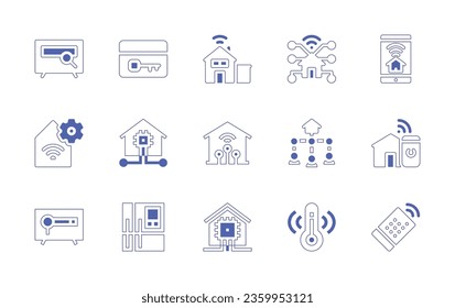 Conjunto de iconos de la casa inteligente. Curso de línea de estilo duotónico y negrita. Ilustración vectorial. Con tv, tarjeta de llave, casa inteligente, casa inteligente, frigorífico, temperatura, mando a distancia, smartphone.