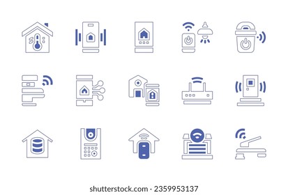 Conjunto de iconos de la casa inteligente. Curso de línea de estilo duotónico y negrita. Ilustración vectorial. Conteniendo la automatización del hogar, wifi, puerta, garaje, grifo, inodoro, smartphone, base de datos, intercom, recordatorio, luz inteligente.