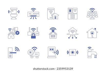 Smart house icon set. Duotone style line stroke and bold. Vector illustration. Containing smart home, smart farm, toilet, air conditioner, correct, wifi, refrigerator, solar panel, alarm, faucet.